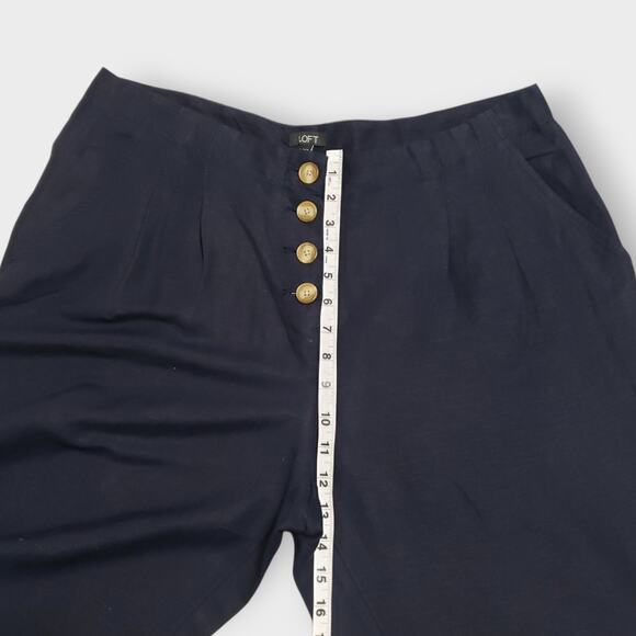 Loft Linen Blend Button Front Wide Leg Crop Pants High Rise Navy Blue Large - Picture 10 of 12